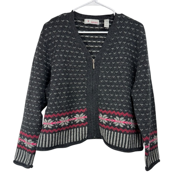 Vintage Cardigan Sweater Size Large 100% Wool Full Zip Knit Fair Isle LT Sport - Picture 1 of 7